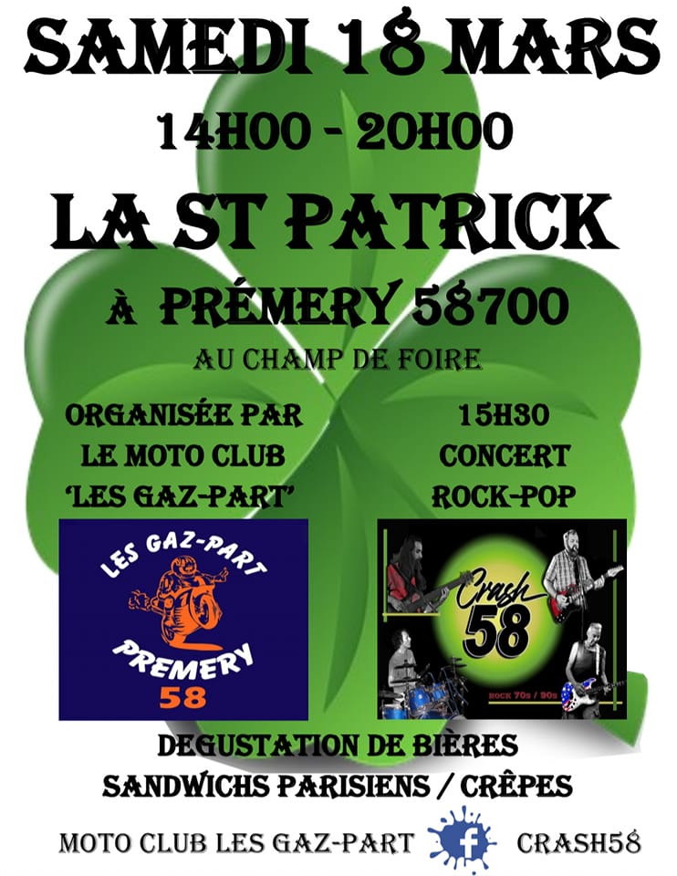 Affiche de la St Patrick organisée par le moto-club.