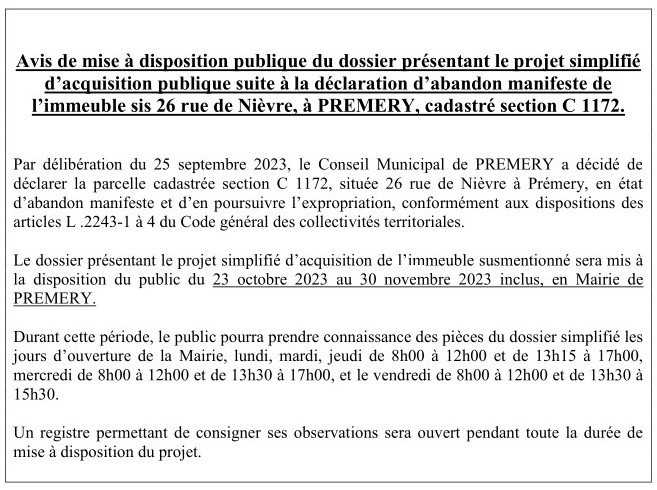 Annonce légale de mise à disposition du dossier