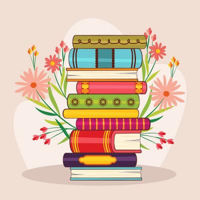 Livres empilés avec fleurs sur fond rose