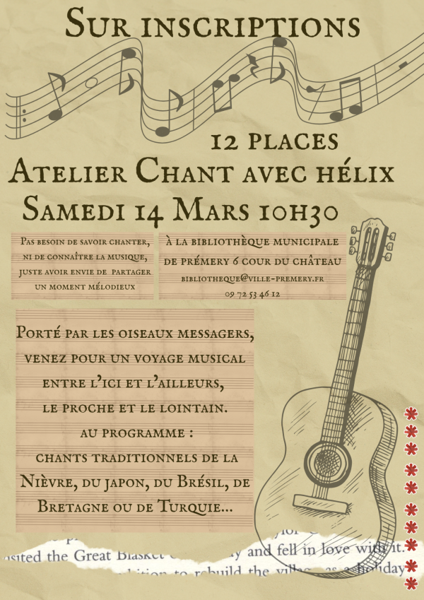 Affiche sur fond beige avec note de musique et guitare